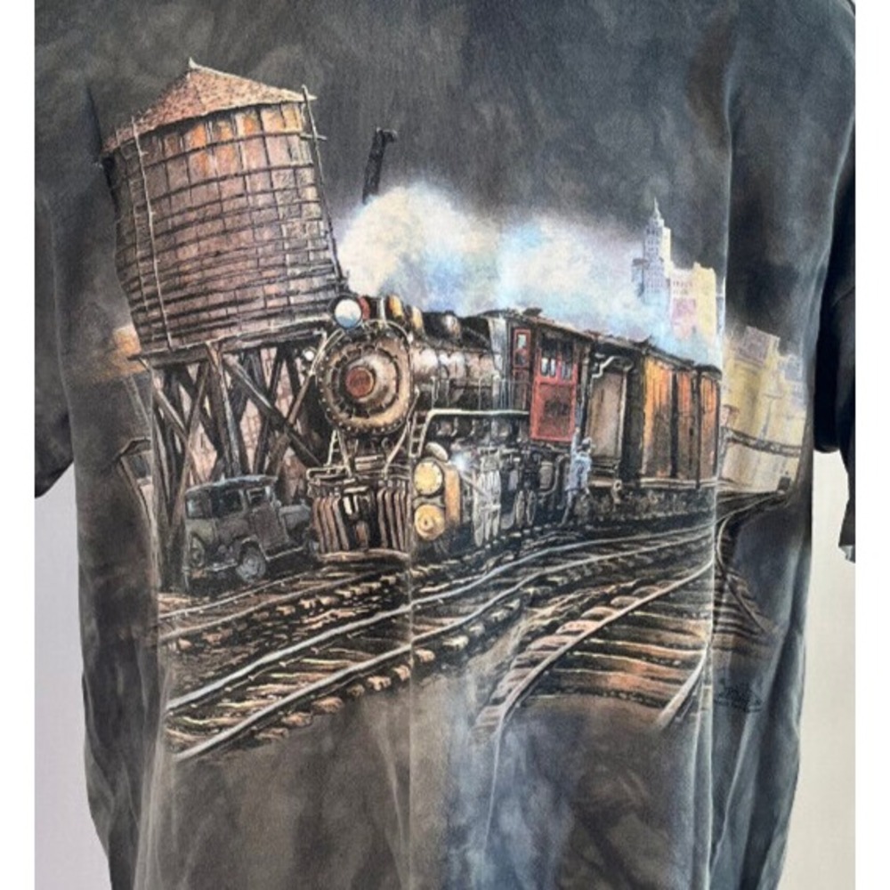 Mens Tie Dyed Printed Train Cass Scenic Railroad Tshirt Green 100% Cotton Large